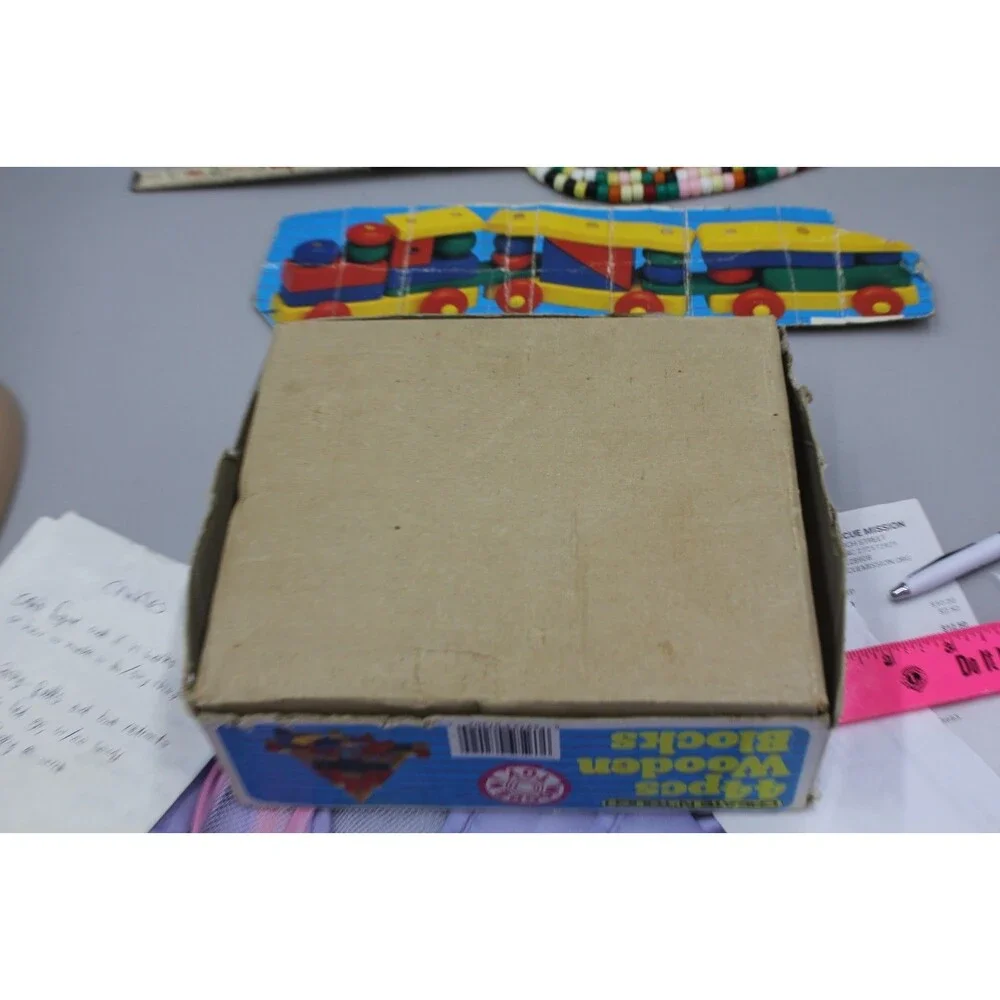 My Kids 44pc Wooden Blocks + Train Pull Vintage Set Primary Toddler Montessori